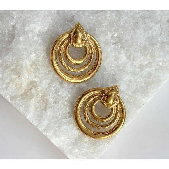 Vintage Jewelry - Vintage Gold Toned Rope Designed 80's Hoop Triple Layered Retro Earrings